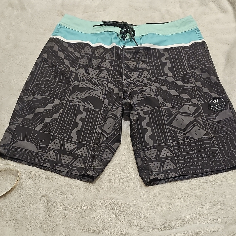 VISSLA Black and Teal Patterned Board Shorts